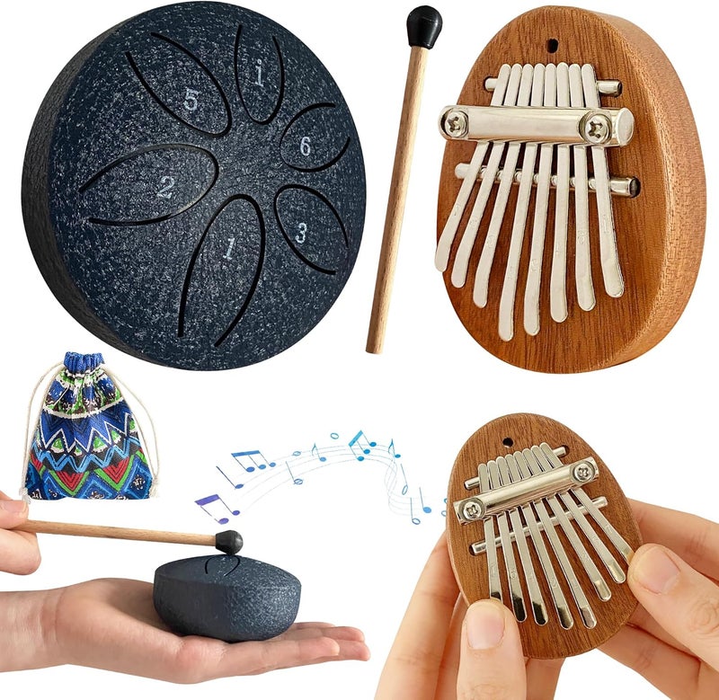 Jongdari Mini Rain Drum and Kalimba Thumb Piano, 2pcs Mini Musical Instruments 8 Key Exquisite Finger Thumb Piano and 3 Inch 6 Notes Metal Steel Tongue Drum for Adult Beginners (Dark Blue) - Image 1